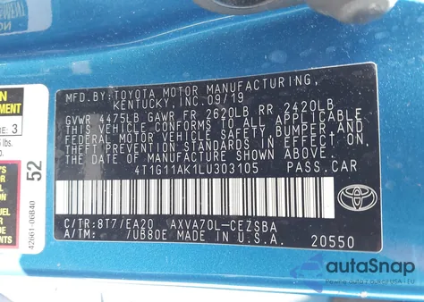 2020 Toyota Camry Se from USA, damaged, VIN 4T1G11AK1LU303105